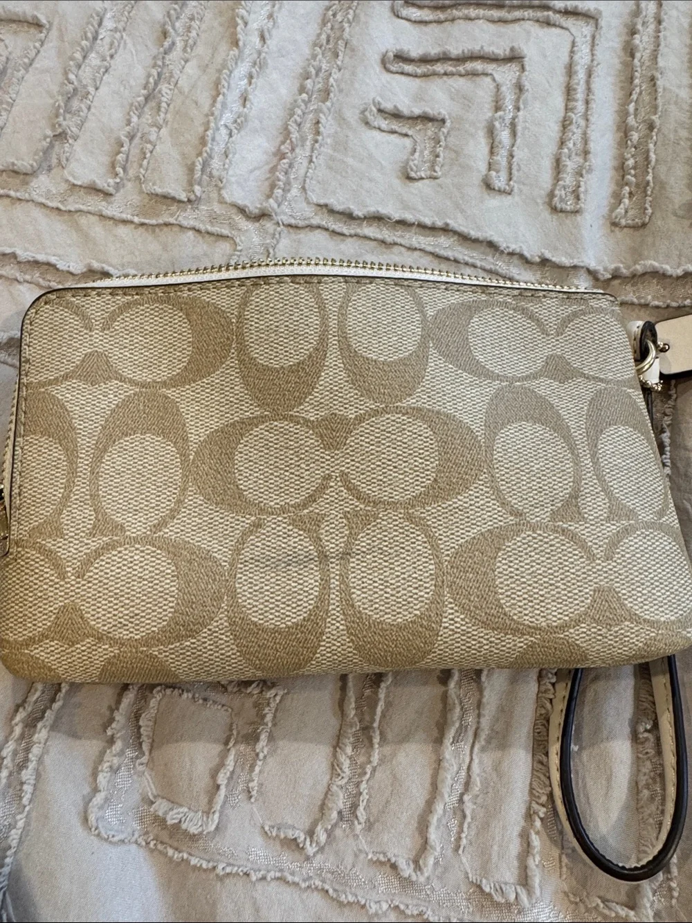 Coach Beige Signature Canvas Wristlet with Gold Hardware